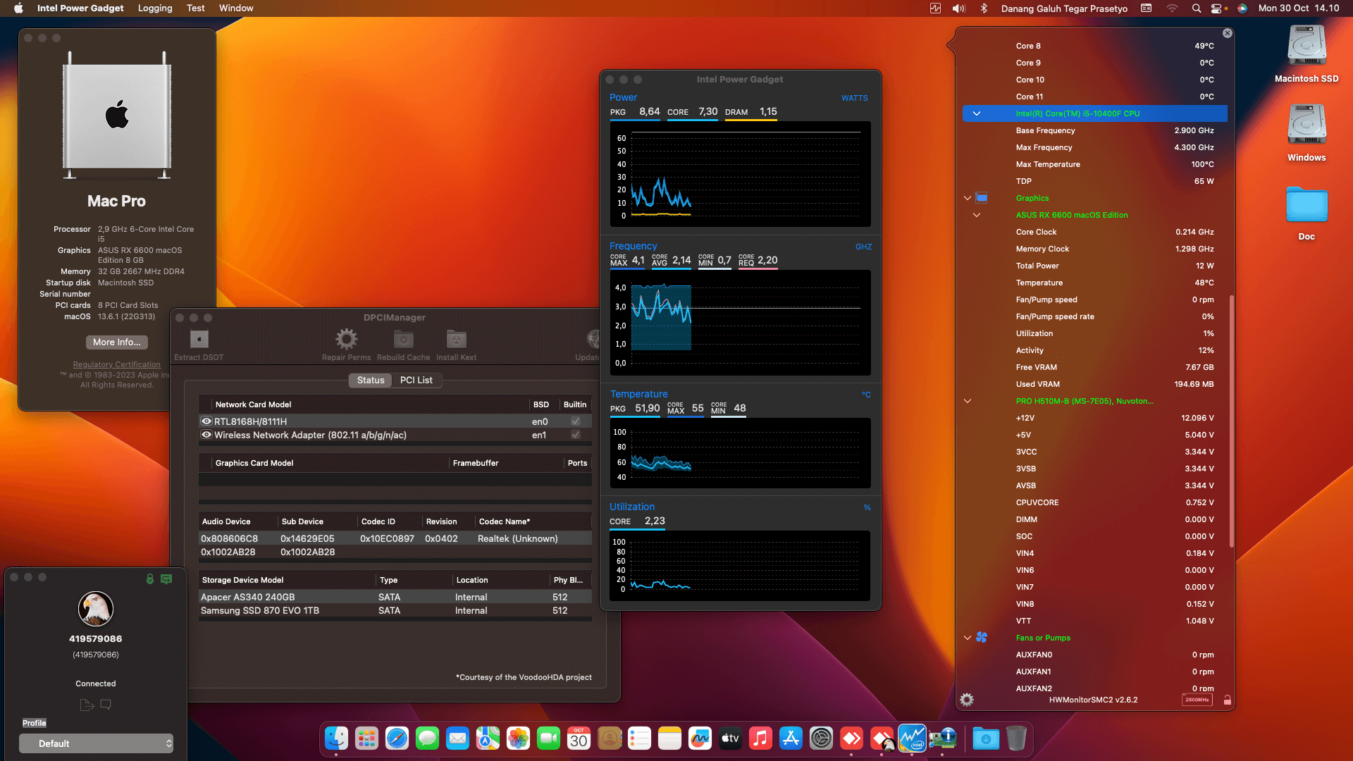 Success Hackintosh macOS Ventura 13.6.1 Build 22G313 in MSI H510M PRO-E + Intel Core i5 10400F + Asus RX 6600